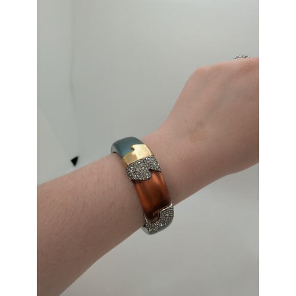 Alexis Bittar Blue and Orange Lucite Hinged Bracelet Goldtone and Crystals 7.5” - Picture 6 of 7